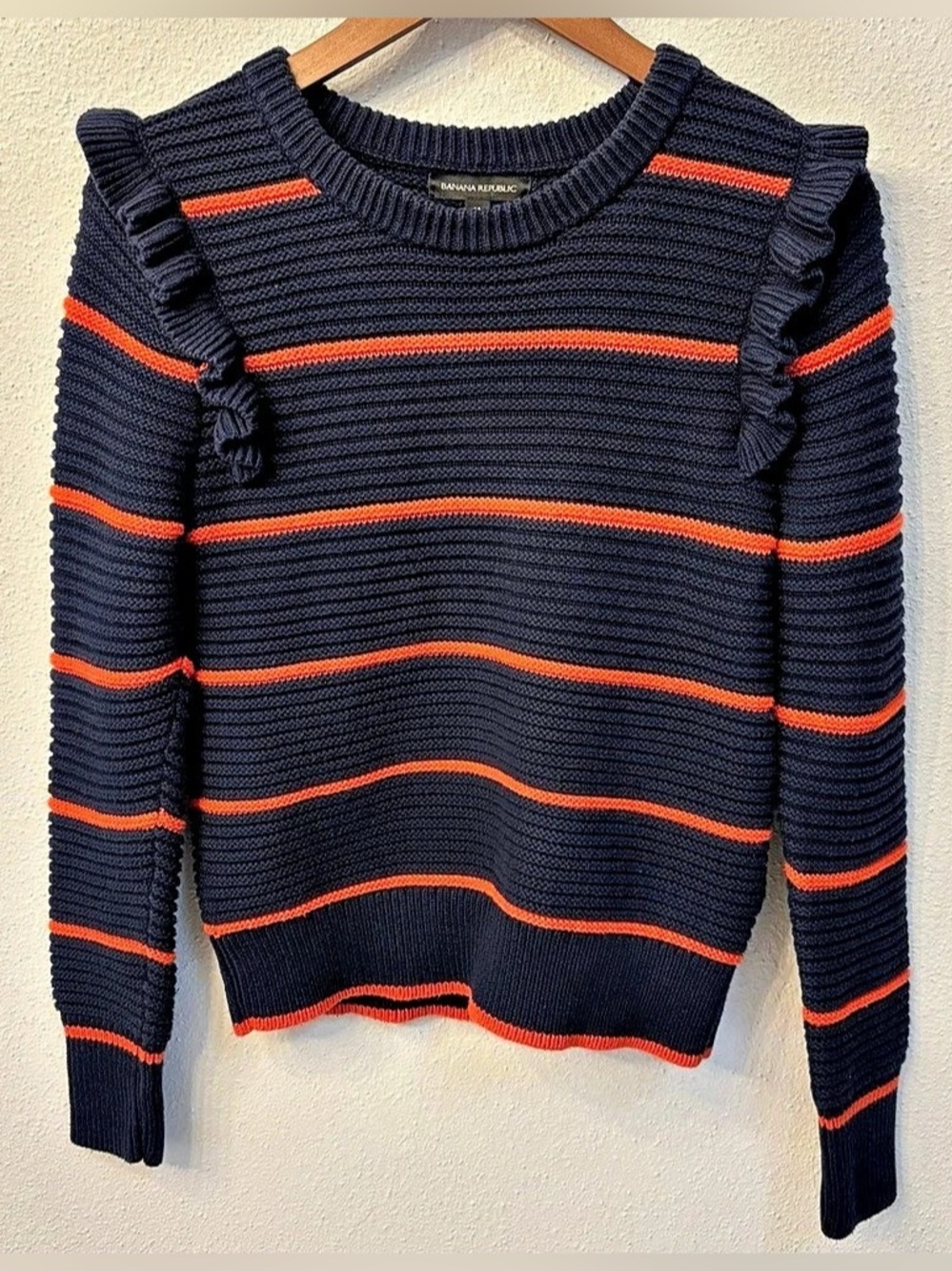 Banana Republic Ruffle Shoulder Striped Ribbed Knit Sweater Blue & Orange Medium